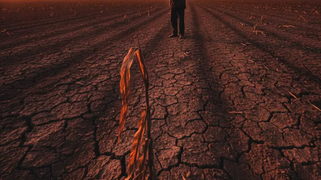 Silhouetted farmer in a parched field at sunset, wilting crop in foreground.
