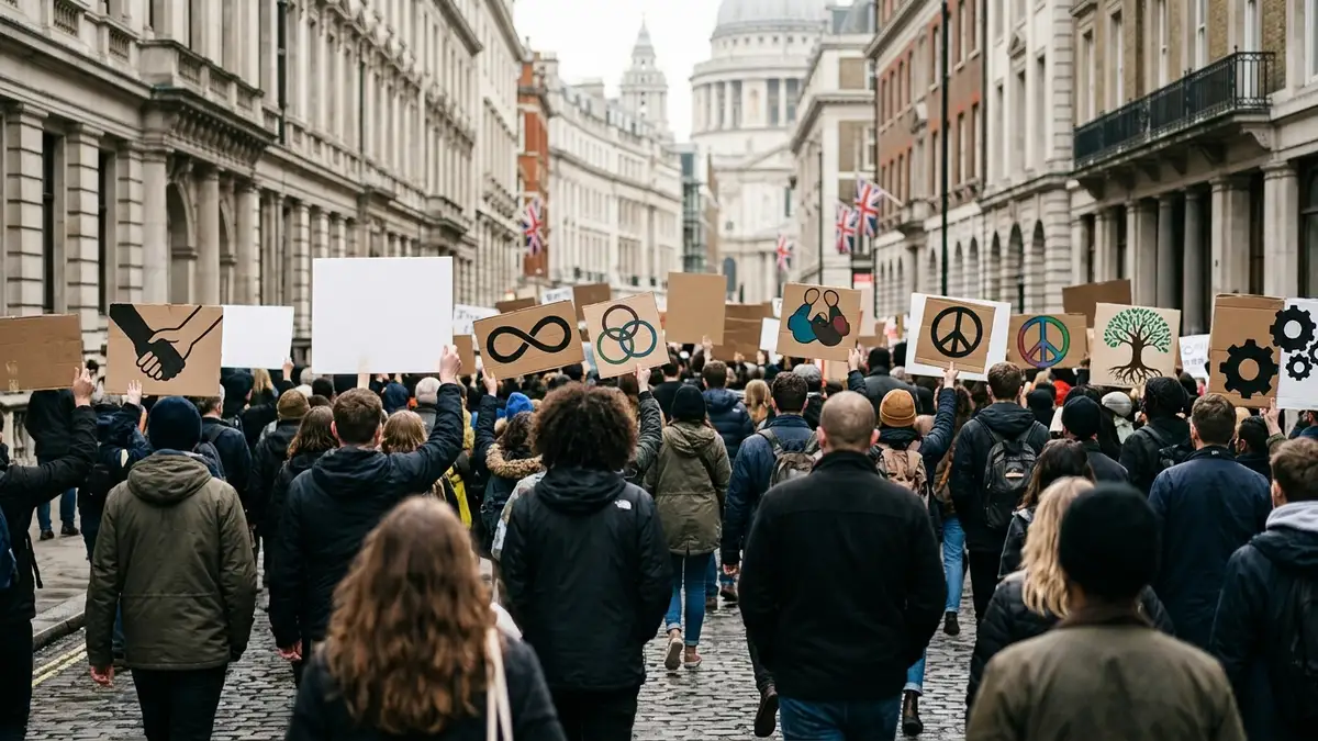 Diverse crowd, seen from behind, holding signs, walking down a London street.