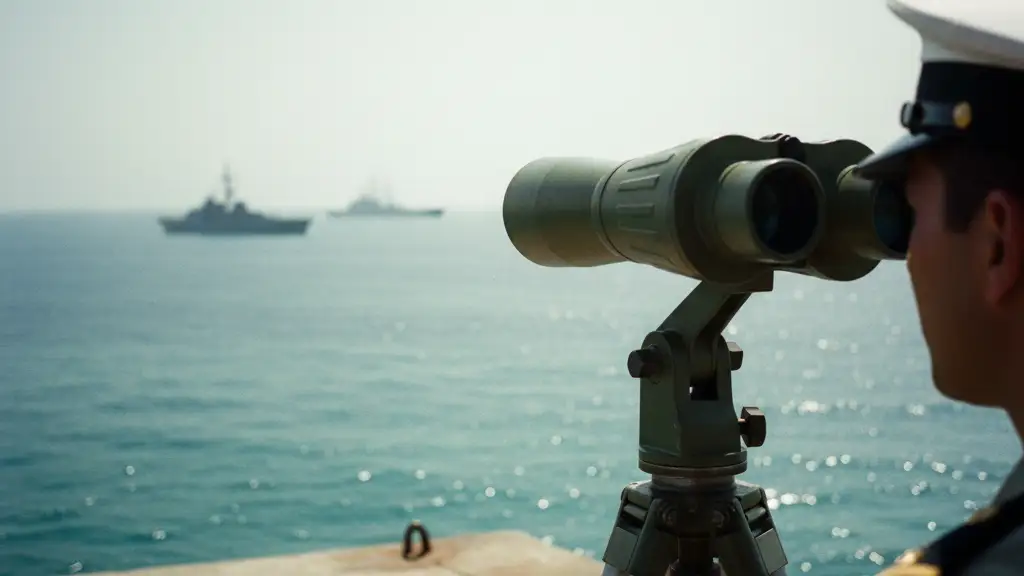 Military binoculars on a tripod overlooking a hazy sea with blurred naval ships in the distance.