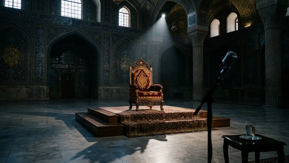 An empty, ornate leadership chair on a dais in a dimly lit, traditional hall.