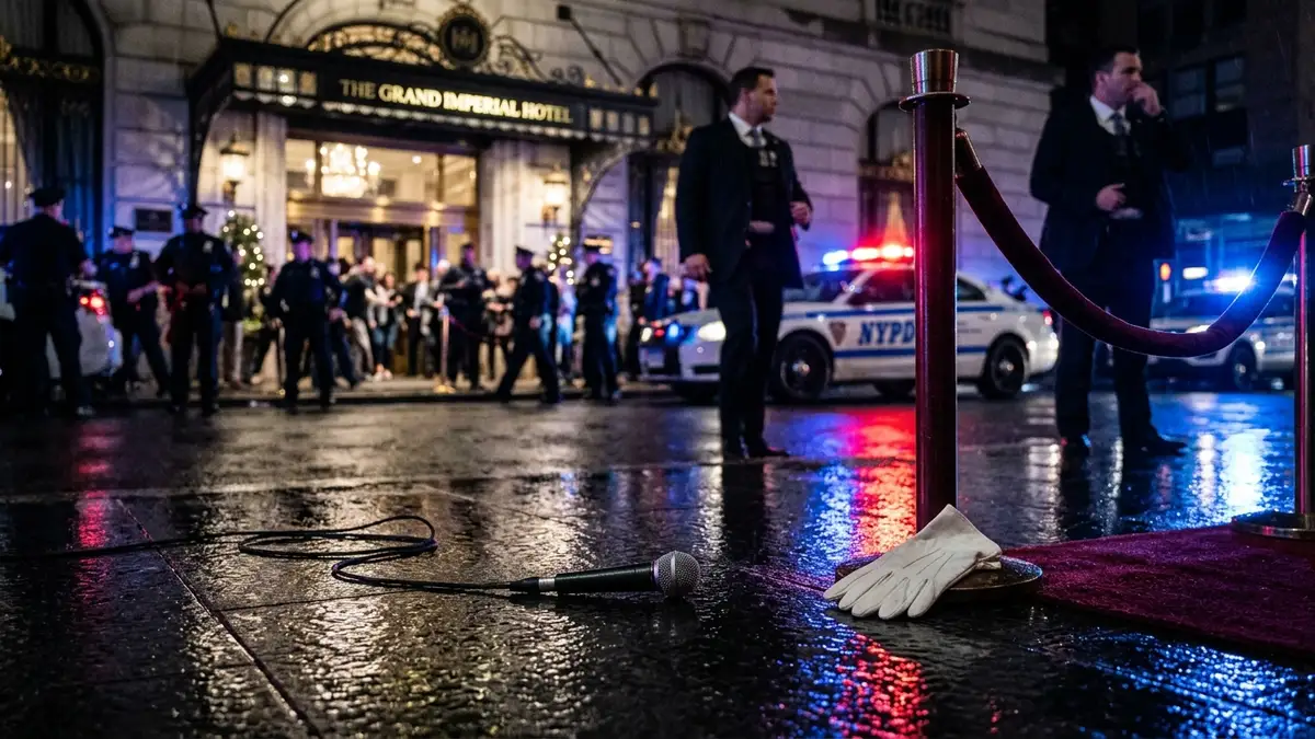 Emergency lights reflect on wet pavement outside a grand hotel, a discarded microphone nearby.