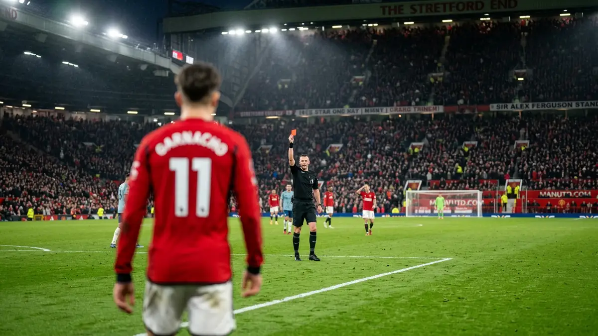 A referee's hand holds up a red card on a professional football pitch at night.