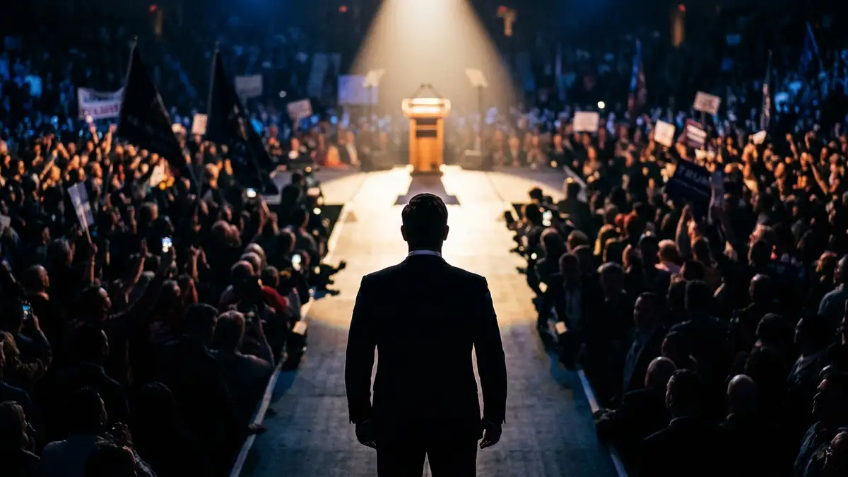 Silhouette of a person's back facing an empty, spotlighted podium at a political rally.