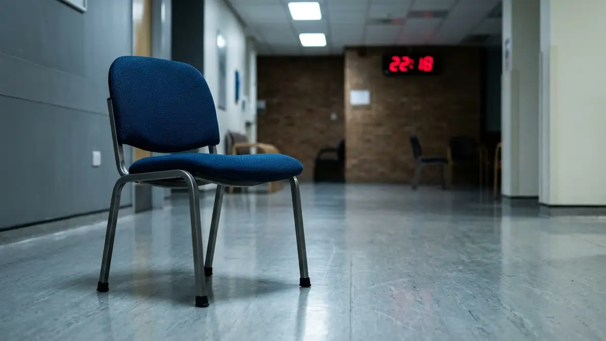 An empty waiting room chair under soft light, symbolizing healthcare delays and patient absence.