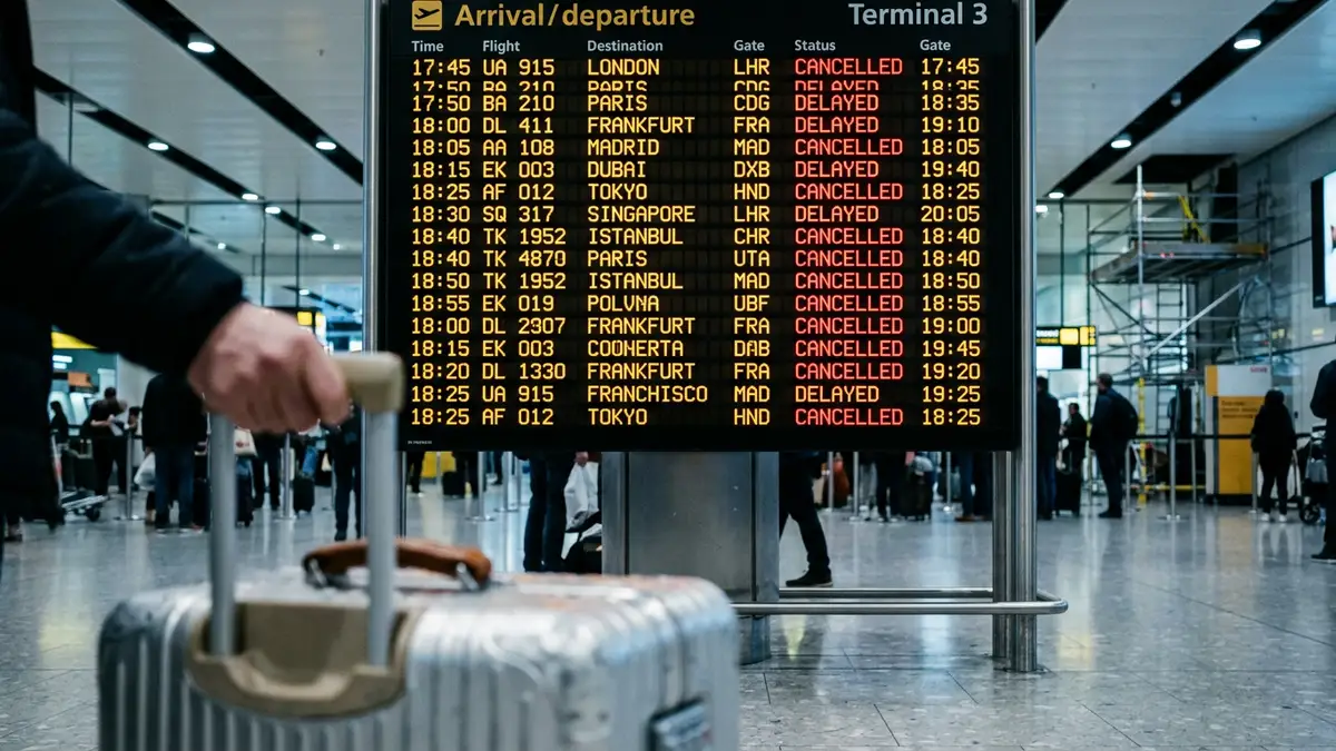 An airport departure board showing multiple cancelled flights with a blurred suitcase in the foreground.