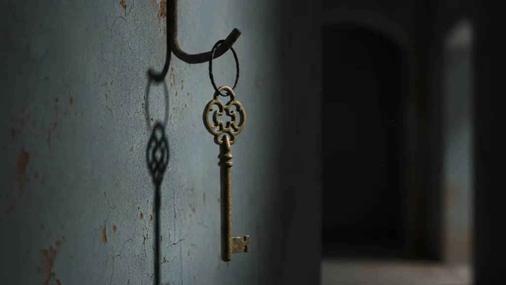 A solitary, weathered key hanging on a stark wall, casting a long shadow.