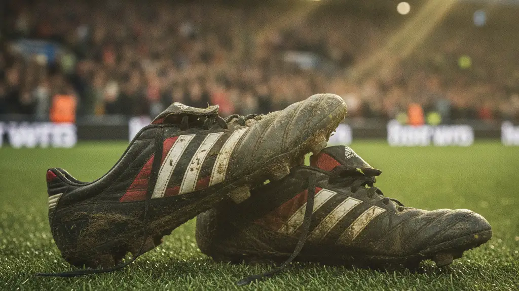Soccer cleats on a green field with a blurred stadium crowd in the background.