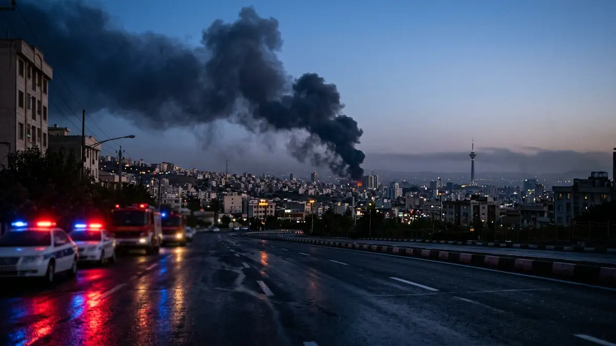 Smoke rises over the Tehran skyline at dusk with emergency vehicle lights reflecting on pavement.