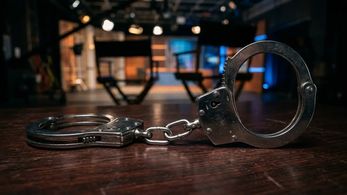 A pair of steel handcuffs rests on a dark wooden table in a blurred studio.