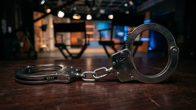 A pair of steel handcuffs rests on a dark wooden table in a blurred studio.