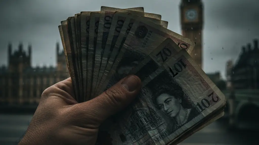 A weathered hand counting British pound notes, Houses of Parliament blurred in background.