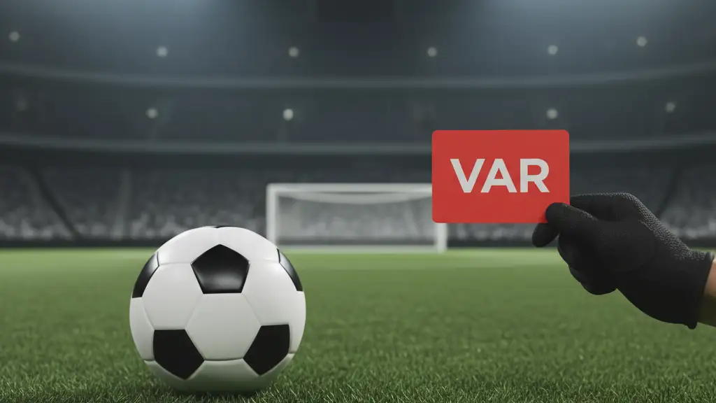 Football on pitch with referee's hand holding a VAR card, blurred goal in background.