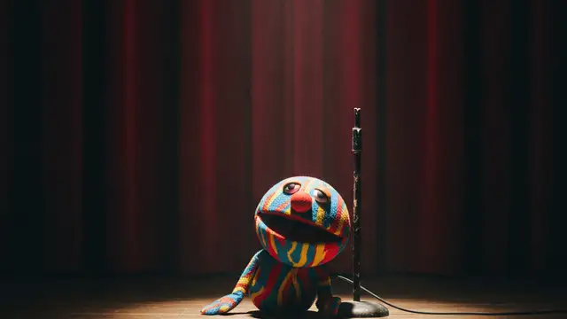 A lone, iconic puppet rests on an empty stage under a single spotlight.