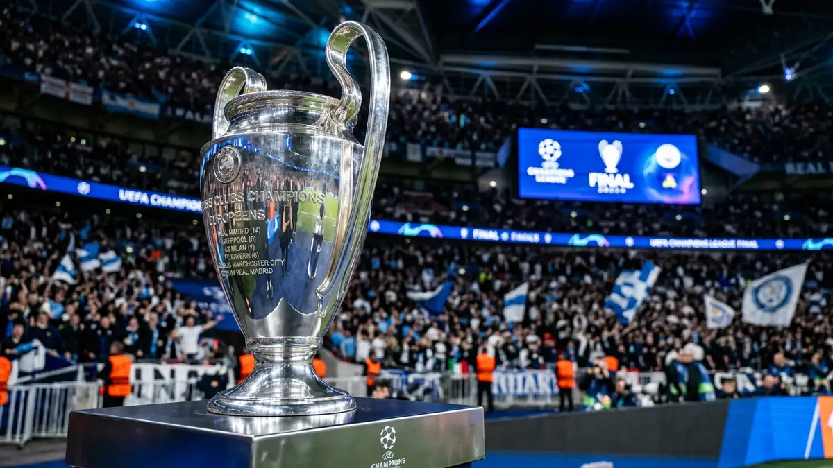 The silver Champions League trophy stands on a podium under bright stadium lights.