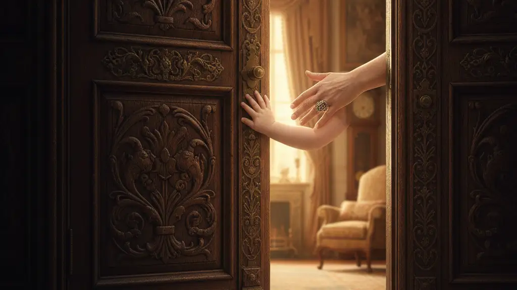 A child's hand opening a grand wooden door, met by an older hand.