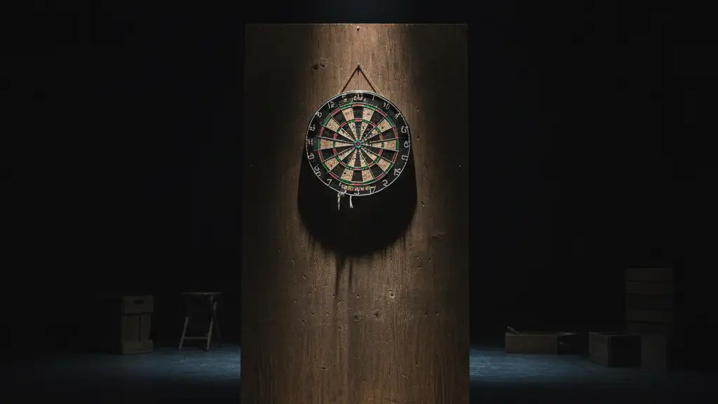Empty dartboard on a dark stage with a single dart on the floor.