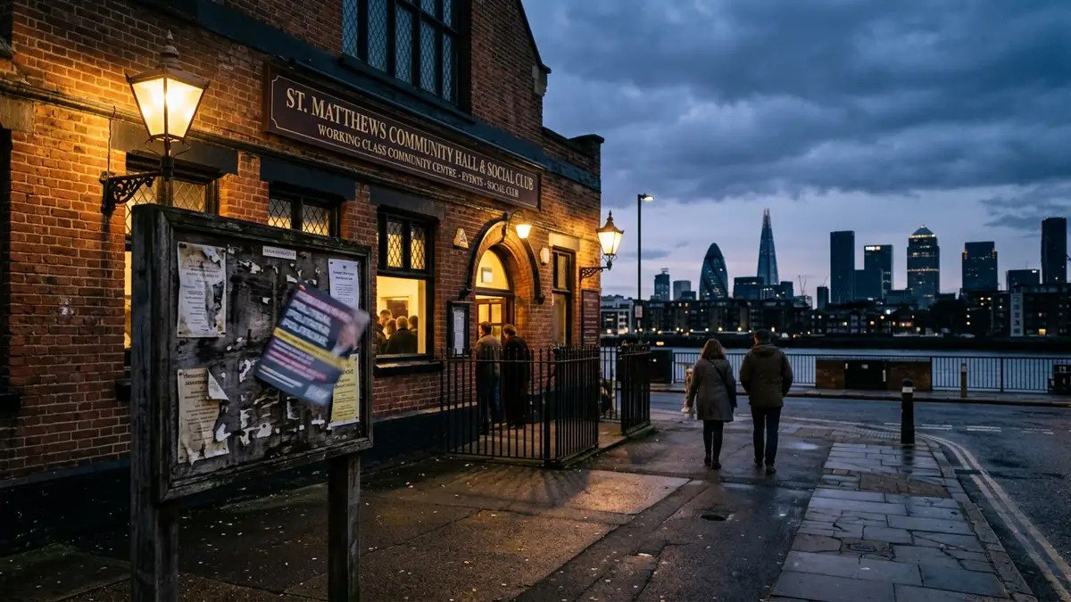 A wooden notice board outside a brick community center with the London skyline at dusk.