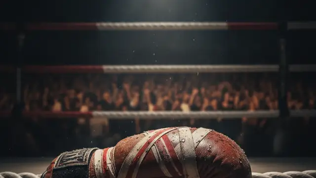 A worn boxing glove resting on ring ropes, with a blurred, roaring crowd in the background.