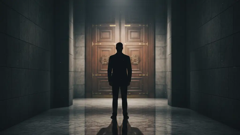 Silhouette of a person in a suit in a dimly lit corridor, facing a distant doorway.