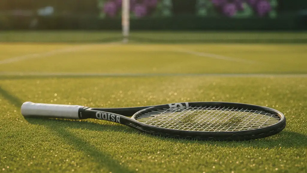 Tennis racket resting on Wimbledon grass court, net blurred in background.