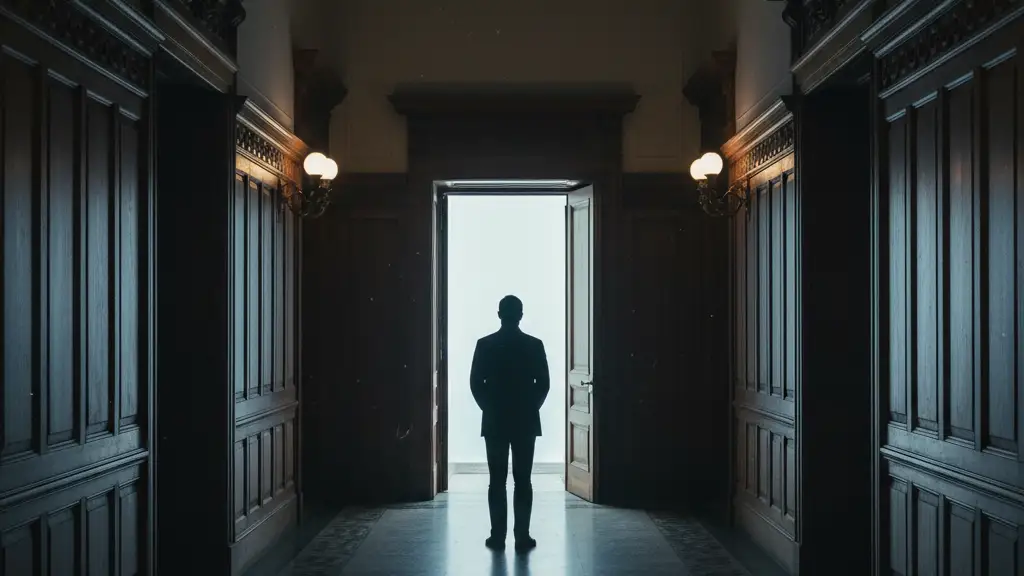 Silhouetted figure in a long, empty political corridor, looking towards a distant light.