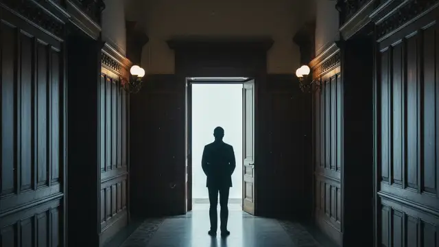 Silhouetted figure in a long, empty political corridor, looking towards a distant light.