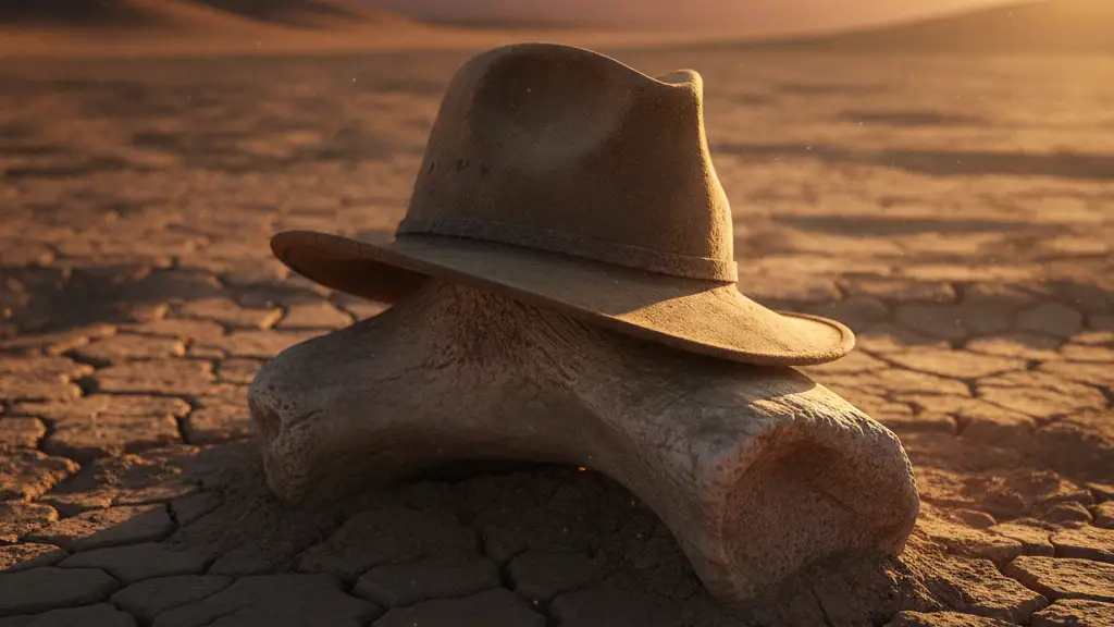 A fedora hat rests on a fossilized dinosaur bone in dry, sunlit earth.
