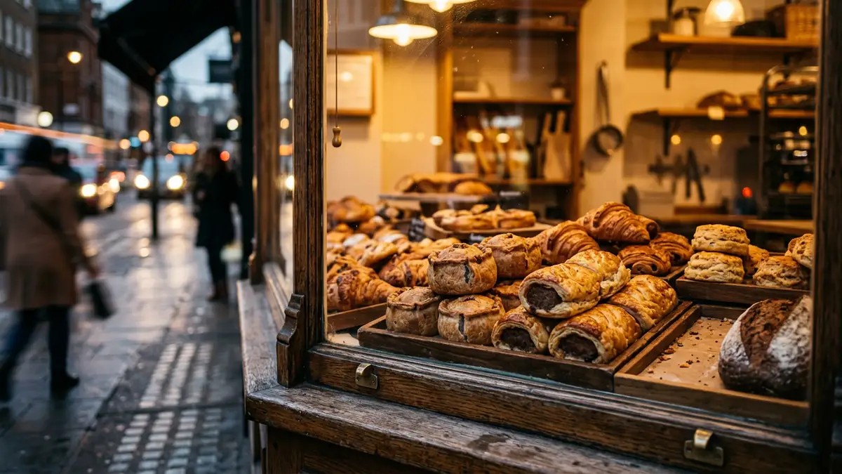 A warm, glowing bakery window display featuring golden-brown pastries and savory rolls at dusk.