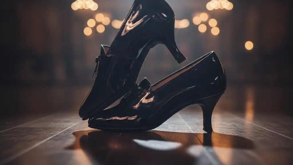 Elegant black ballroom dancing shoes on a polished wooden floor under a spotlight.