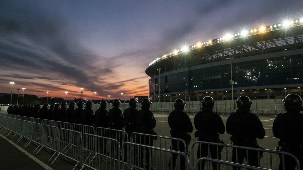 Soccer stadium exterior at dusk with security personnel silhouettes and barricades.