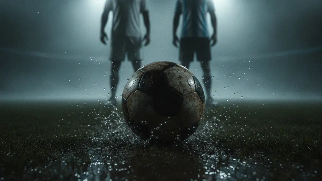 Football on a muddy pitch with blurred opposing players in the background.