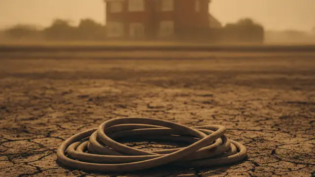A dry, coiled garden hose on cracked earth under a hazy, orange sky.