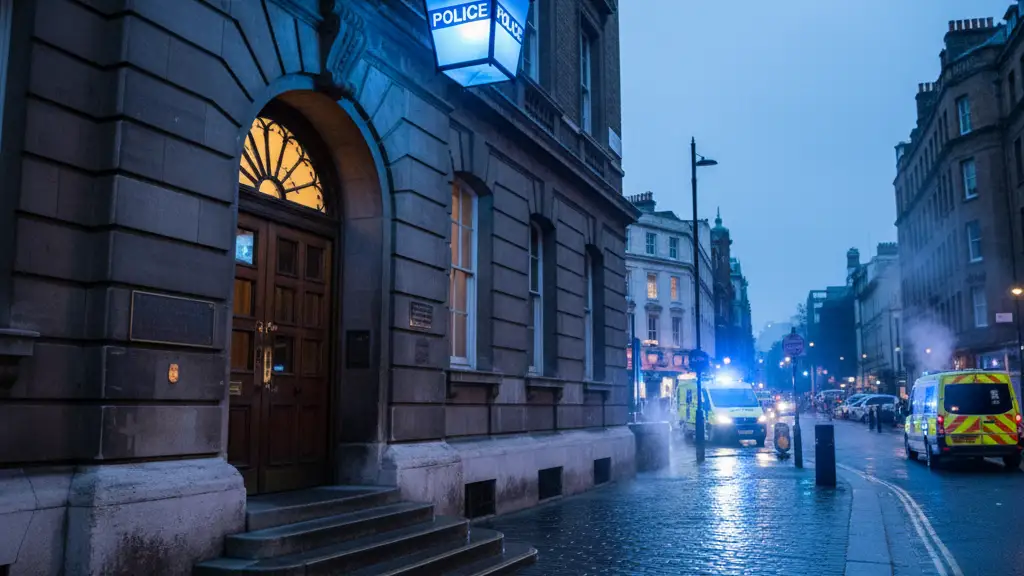 A glowing blue police lantern above a stone building entrance at night with police tape.