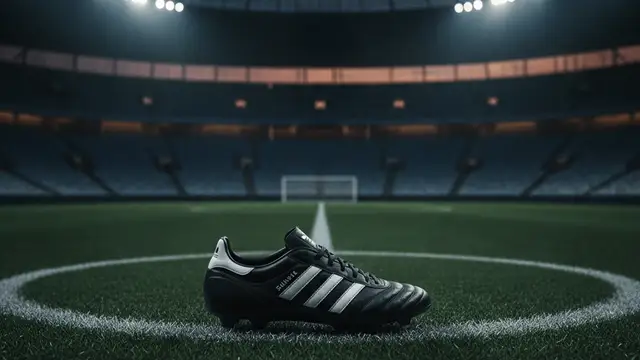 A lone football boot on an empty, dimly lit football pitch at dusk.