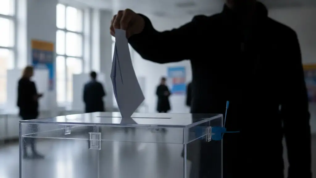 A ballot box with a blurred silhouette of a person's hand reaching for a voting slip.