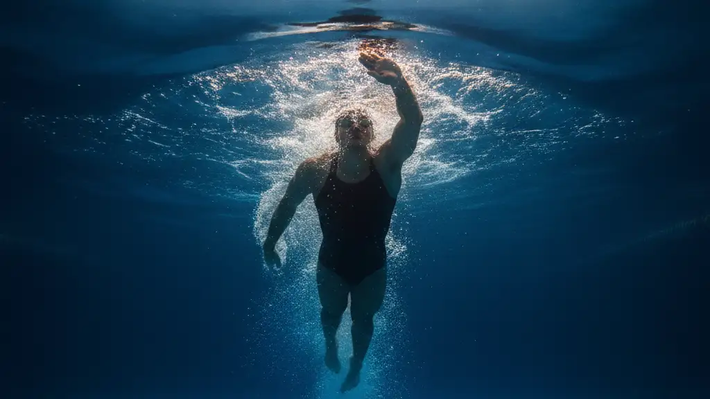 Underwater view of a swimmer's blurred form, light shafts from above.