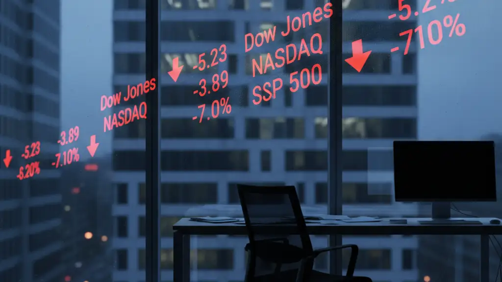 An empty office chair in a dark room with a red stock ticker reflecting on glass.