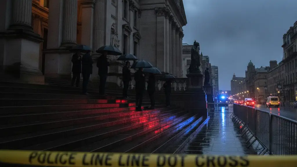 Wet steps of a grand Glasgow building, reflecting emergency lights, with 'Police Line' tape.