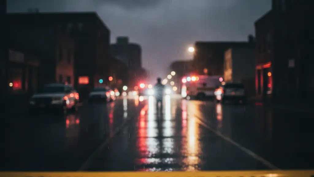 Police tape in foreground, blurred emergency lights reflecting on wet street in background.