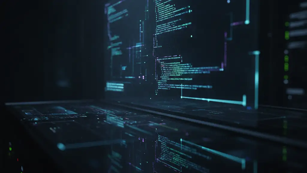 Abstract digital interface with code reflected on a server rack.