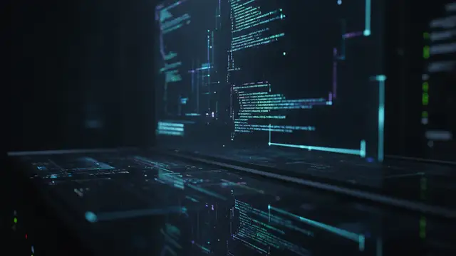 Abstract digital interface with code reflected on a server rack.