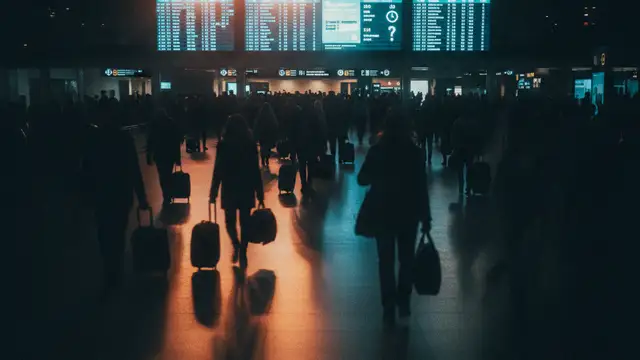 Blurred silhouettes of travelers with luggage in a busy airport terminal.