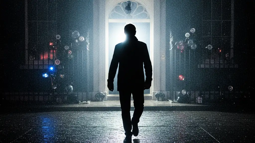 Silhouetted figure departs 10 Downing Street amidst camera flashes and rain.