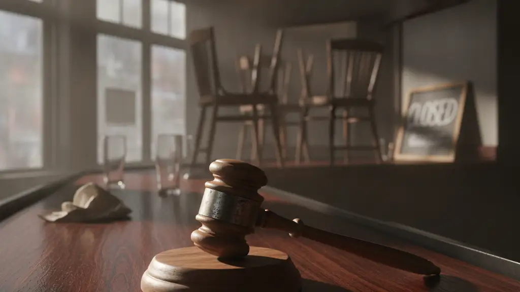 A heavy wooden gavel on a dark, polished bar counter in a dim, empty pub.