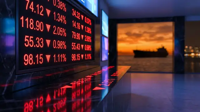 A digital stock ticker showing red downward arrows reflecting on a dark surface.