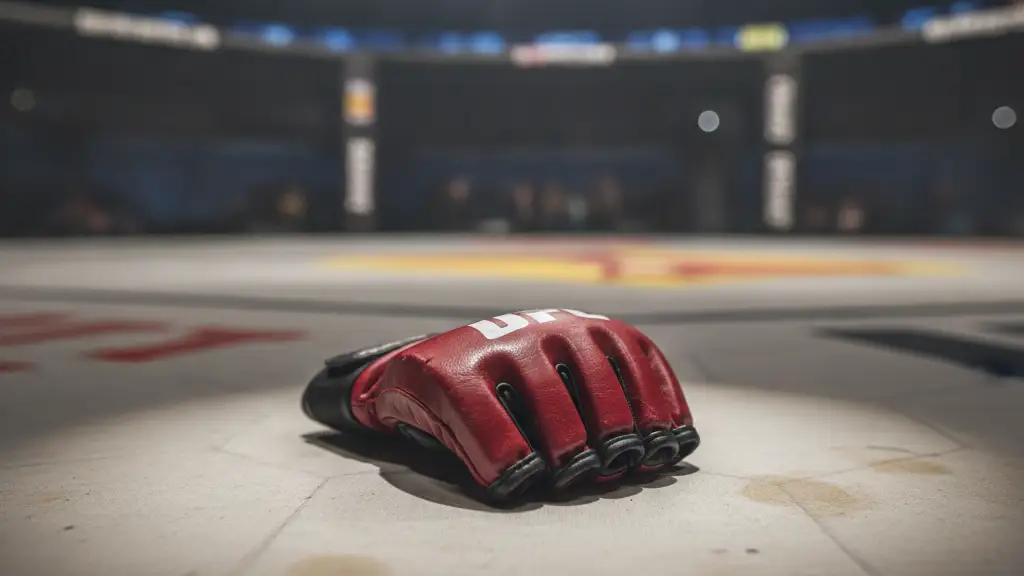 A single, worn MMA glove rests on the canvas of an empty, brightly lit octagon.