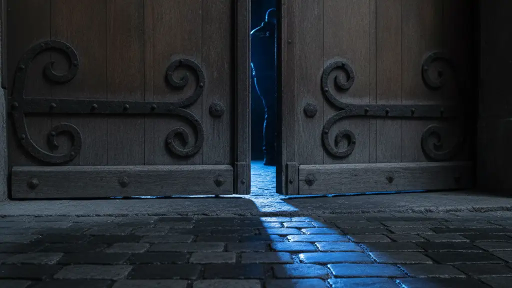 Heavy wooden church doors slightly ajar, reflecting blue emergency lights on wet ground.