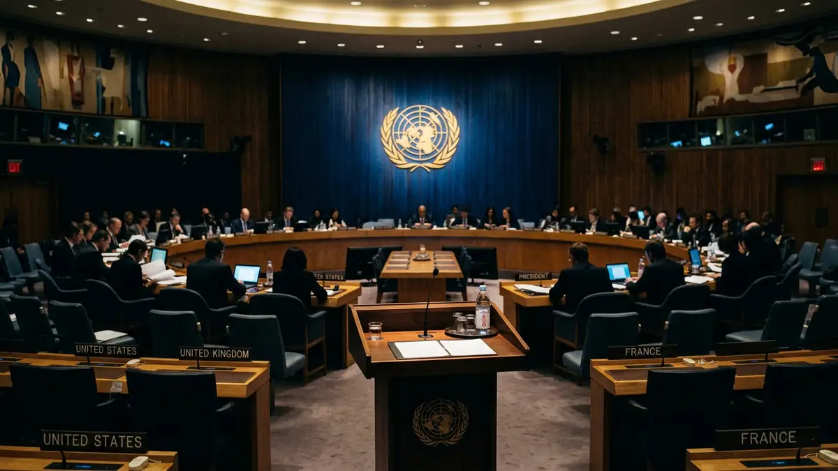 The United Nations Security Council chamber at night with an empty podium in focus.