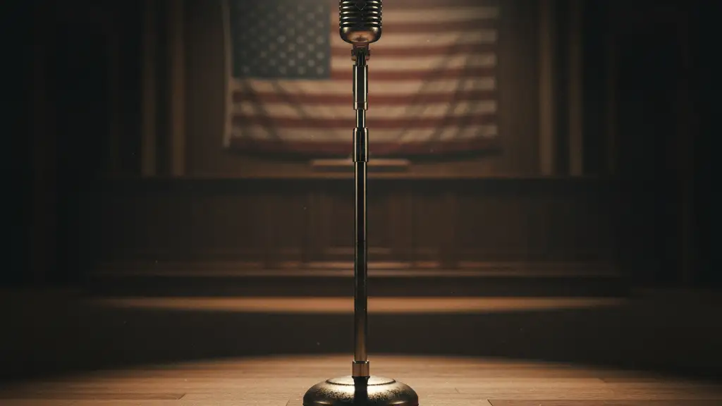 A lone microphone stand on a dimly lit stage with a blurred American flag.