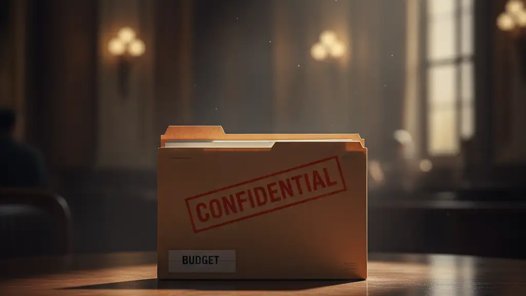 Confidential file folder on a dark desk, dramatically lit.